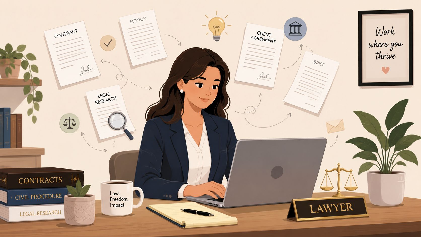 A professional female attorney working remotely at her desk with legal documents and tools of the trade.