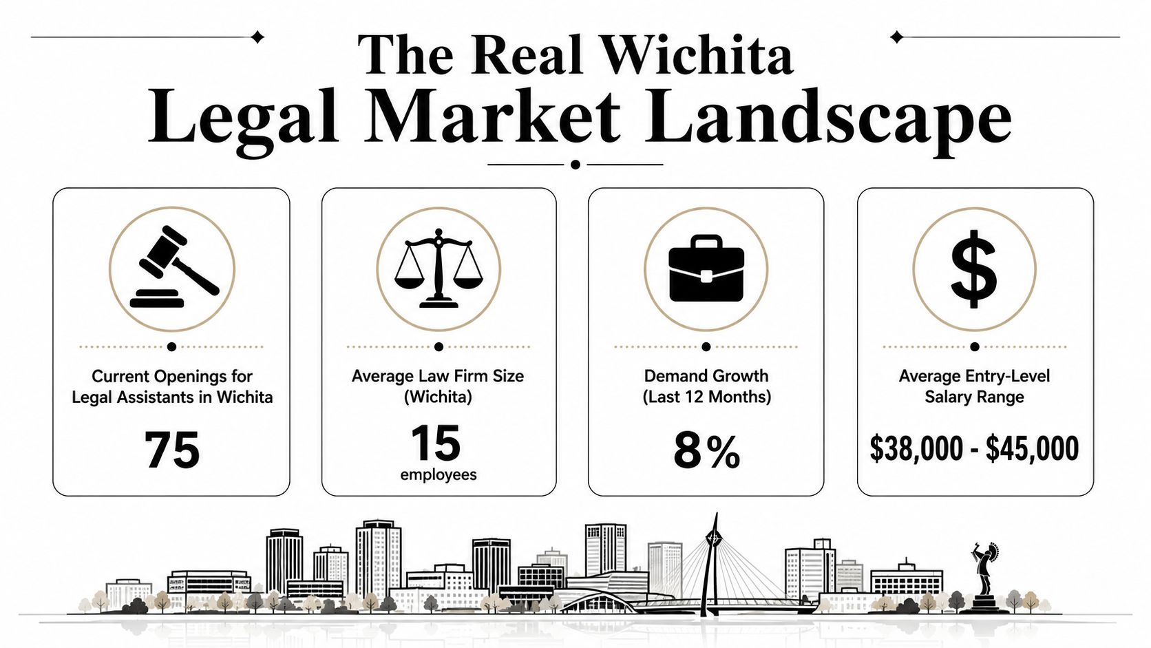 An infographic summarizing legal market statistics for legal assistants in Wichita, Kansas with job and salary data.