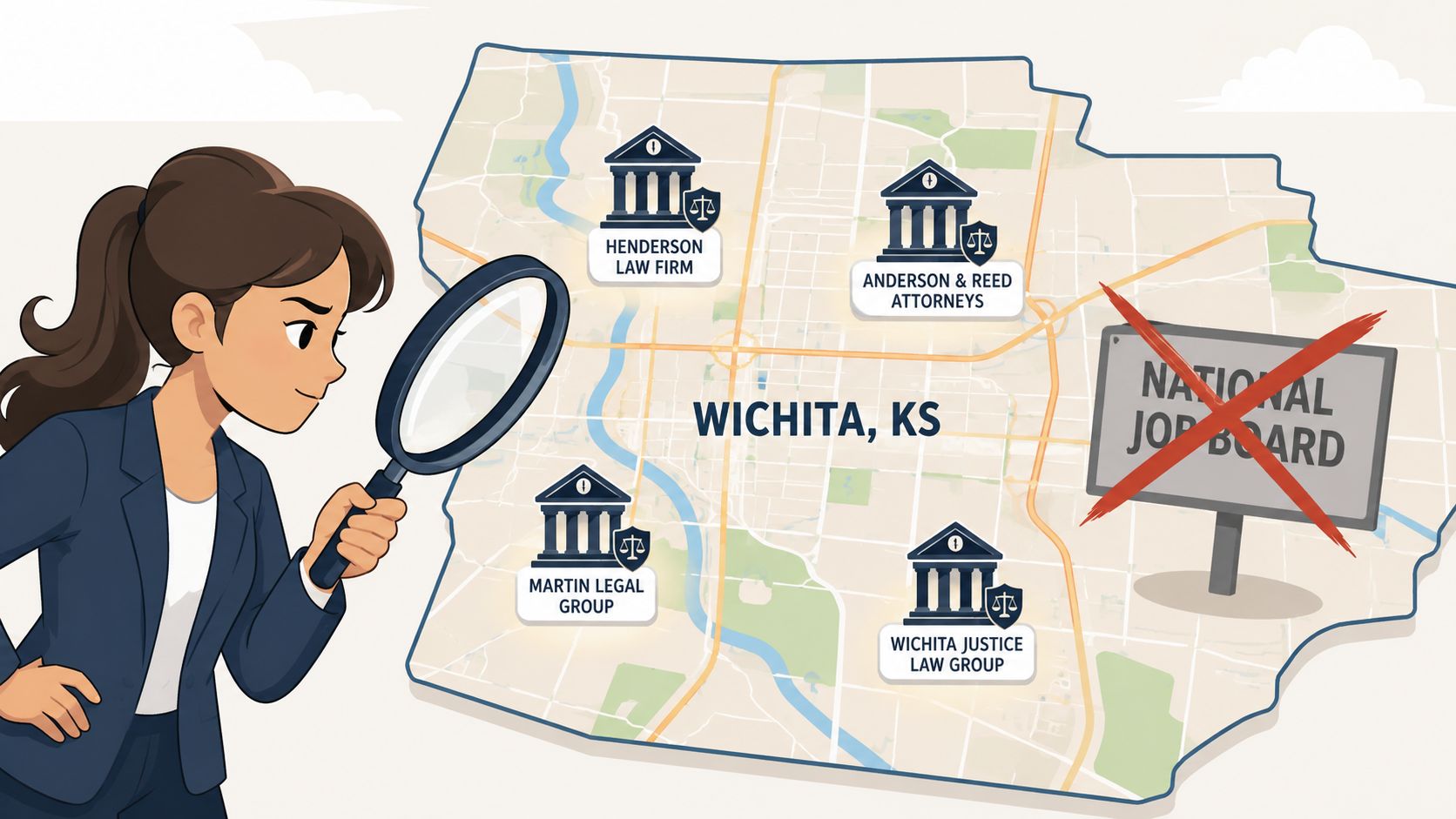 A professional woman uses a magnifying glass to search for legal job opportunities in Wichita, Kansas.