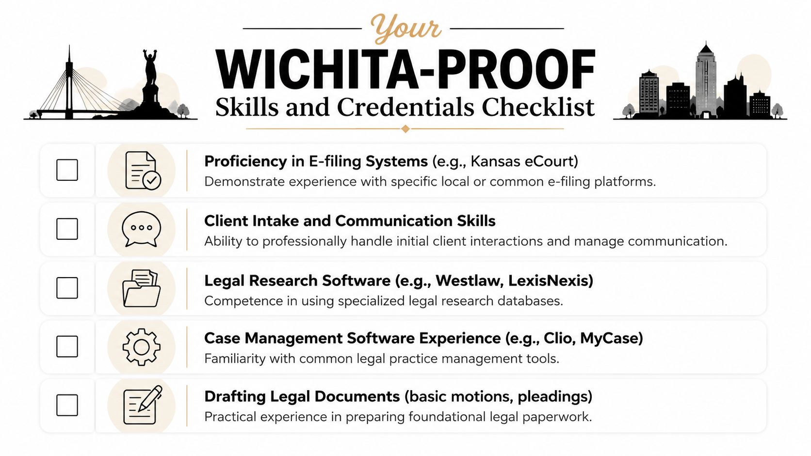A professional checklist outlining key skills and credentials for legal assistant jobs in Wichita, Kansas.