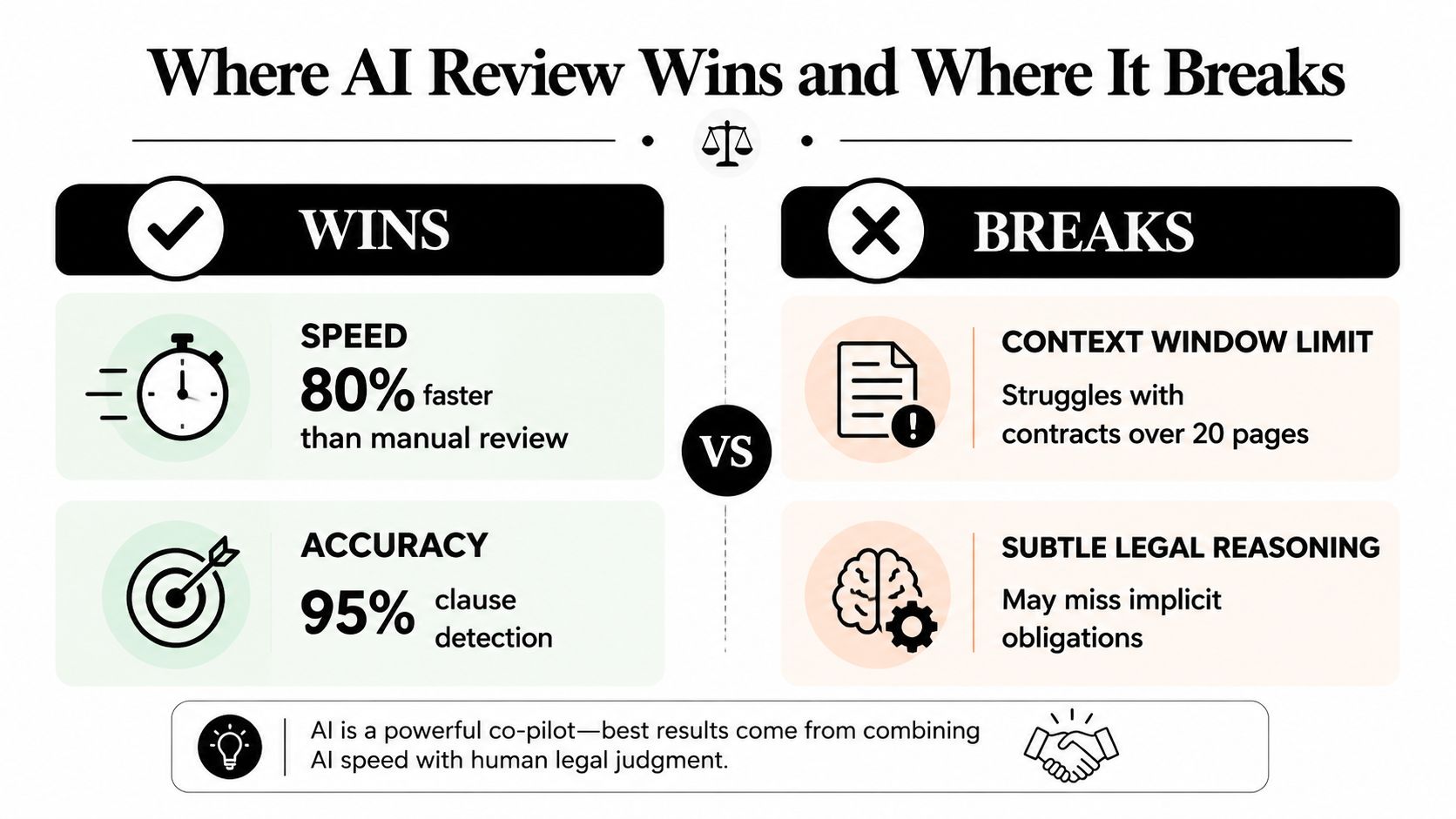 A comparison chart showing the speed and accuracy advantages of AI in legal review versus its limitations.