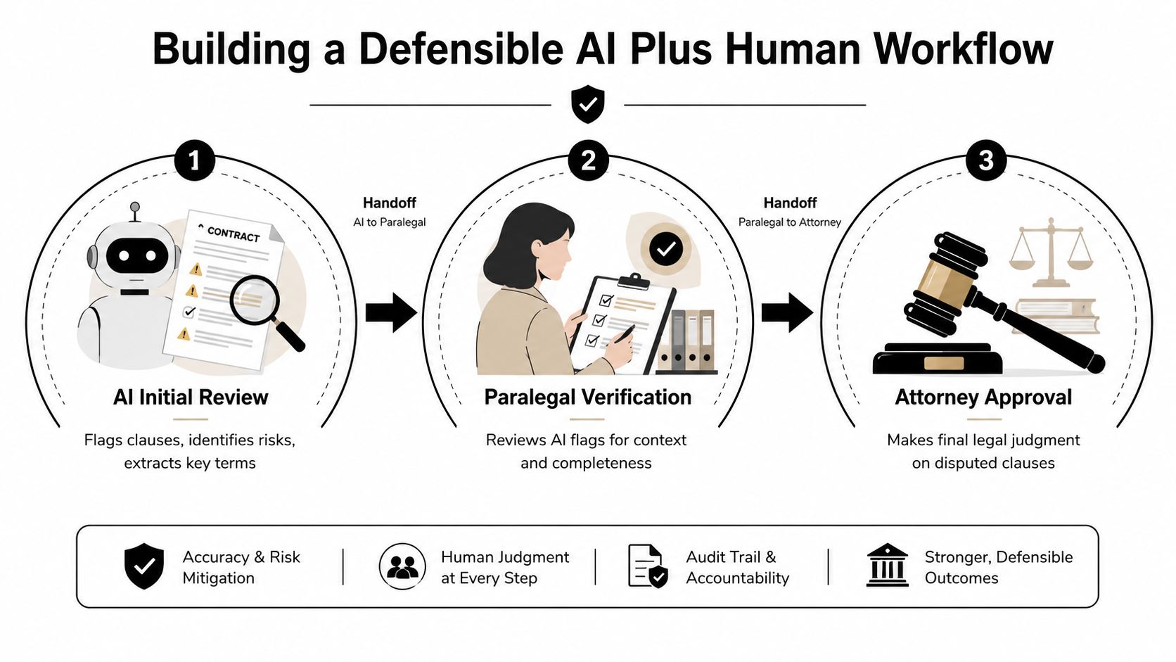 A diagram illustrating a defensible AI plus human workflow for legal contract review and verification processes.
