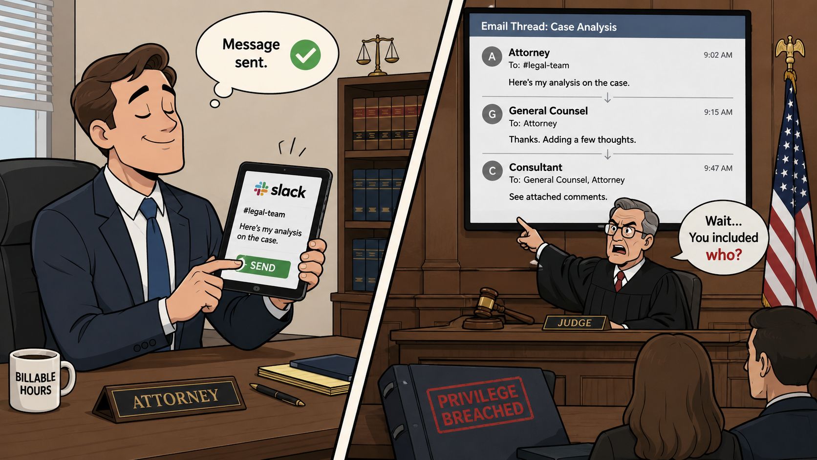 A split-screen illustration showing an attorney sending a message and a judge questioning a privilege breach.