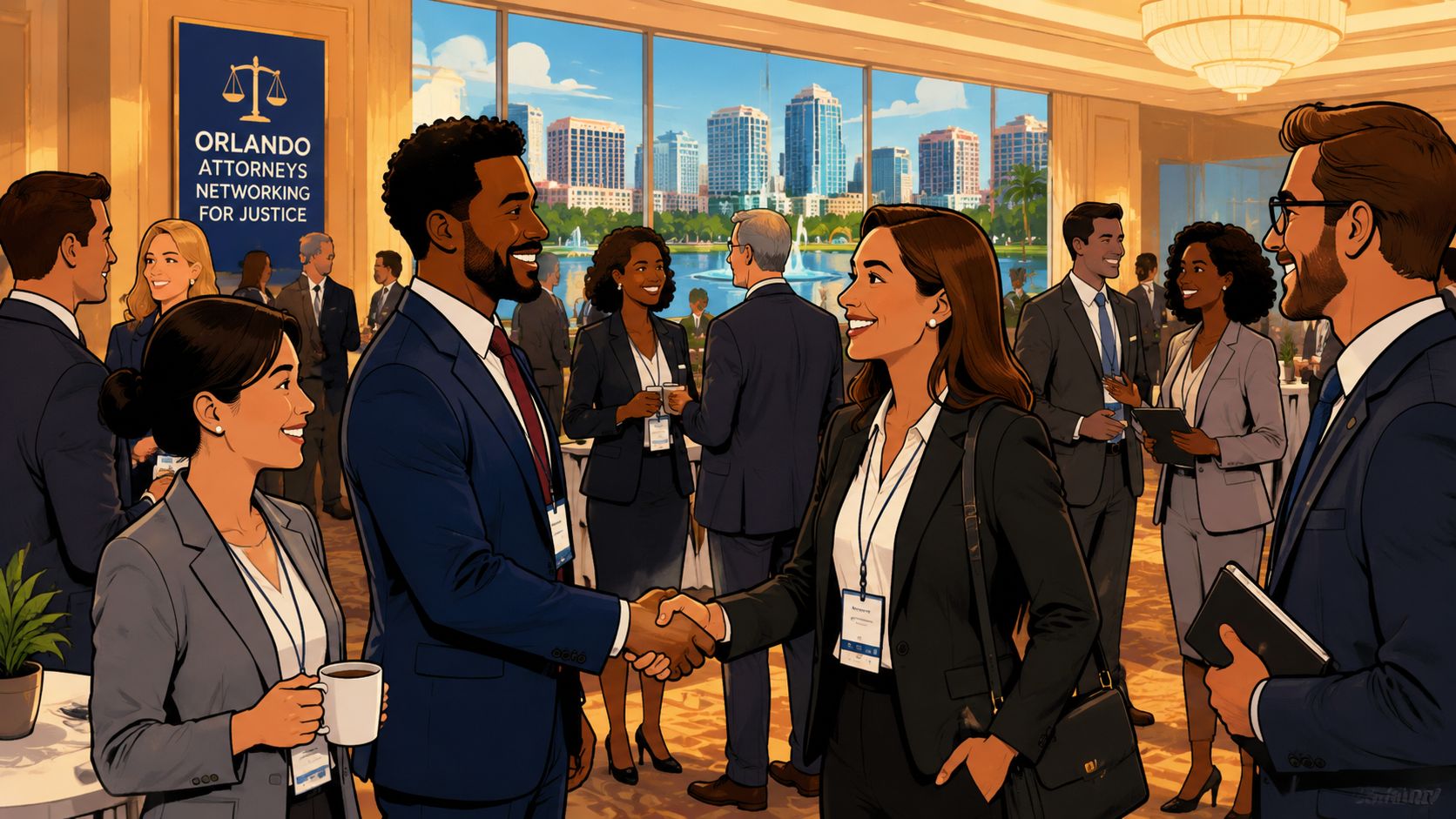 A professional networking event for Orlando attorneys with people shaking hands and conversing in a city view ballroom.