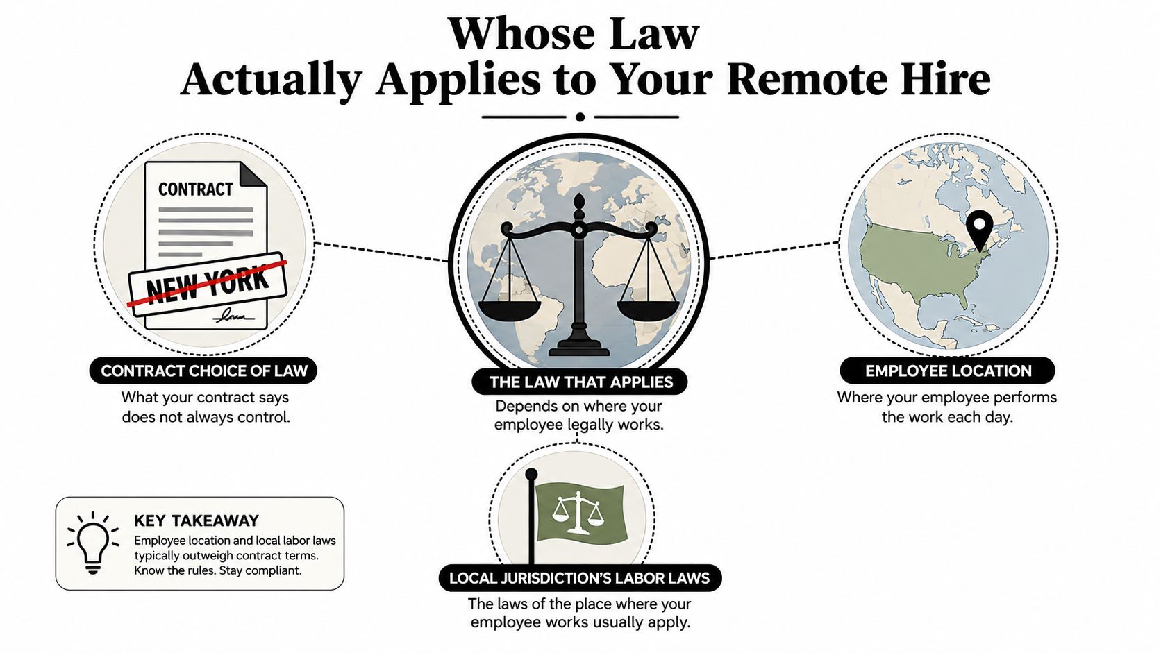 An infographic explaining that local labor laws often override employment contracts for remote workers by location.