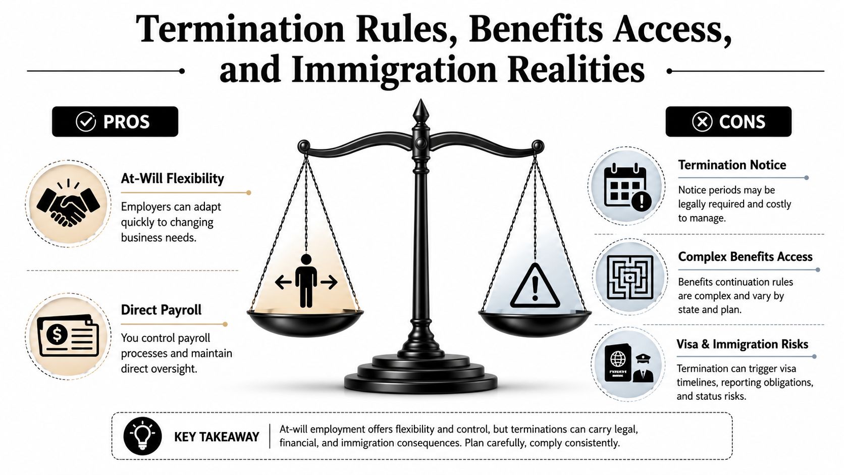 A balanced scale graphic illustrating the pros and cons of termination, benefits, and immigration in cross-border employment.