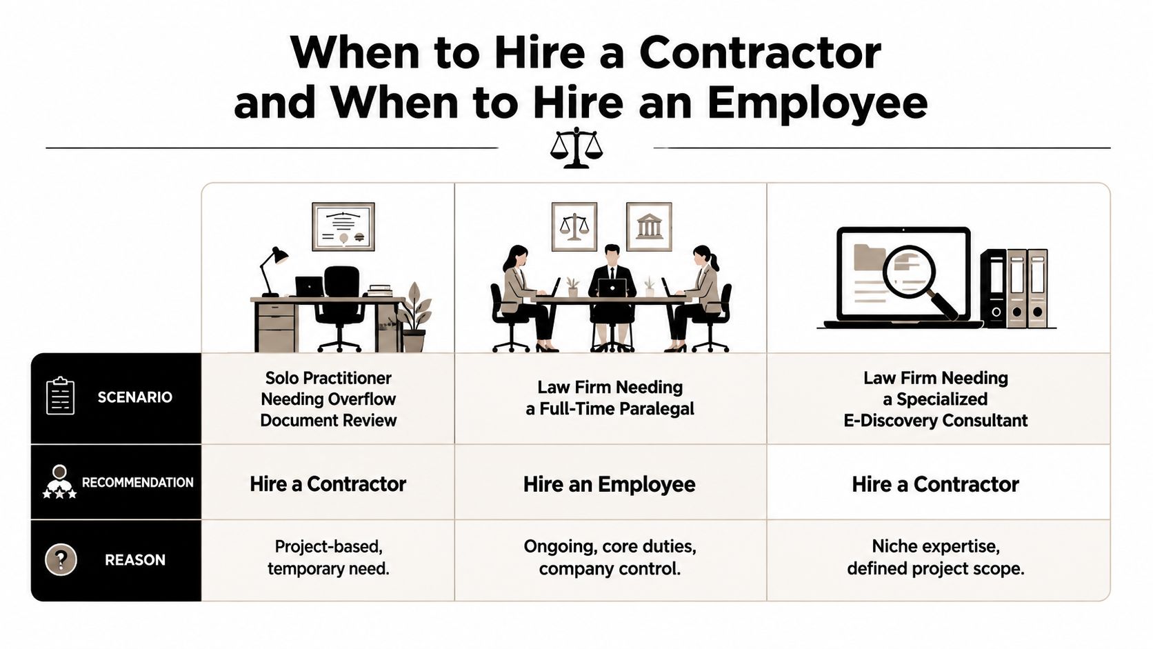A chart comparing when to hire a contractor versus an employee for various law firm scenarios.