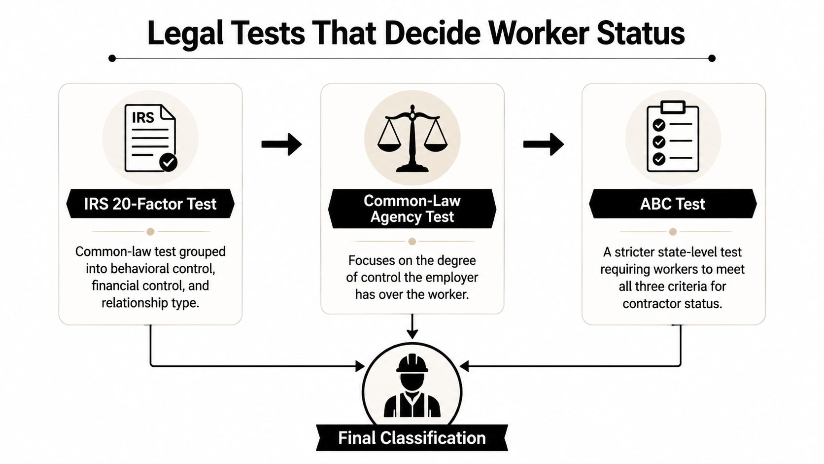 A diagram illustrating three legal tests, IRS 20-Factor, Common-Law, and ABC, used to determine worker status.