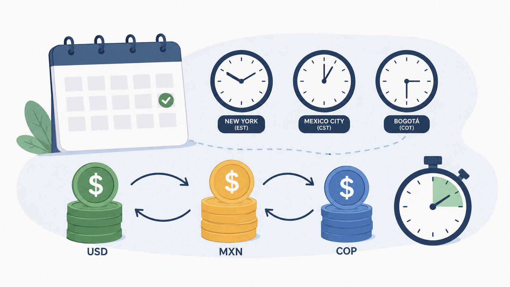 An illustration showing currency exchange symbols between USD, MXN, and COP with time zone clocks.