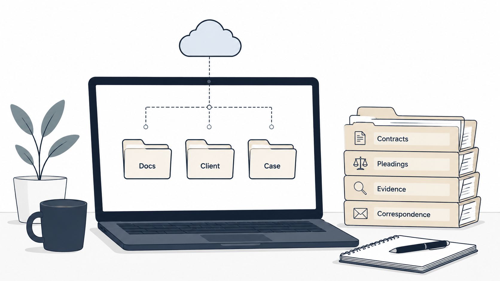 A digital illustration of a workspace featuring a laptop, file folders, and cloud data management icons.
