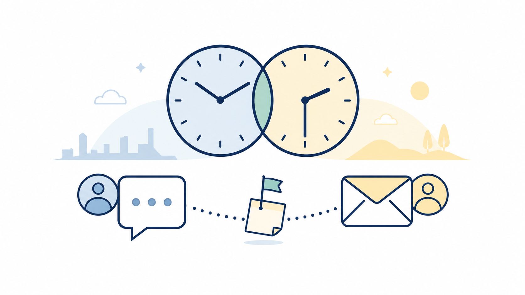 An illustration showing overlapping clocks, speech bubbles, a flag, and a message icon representing communication.