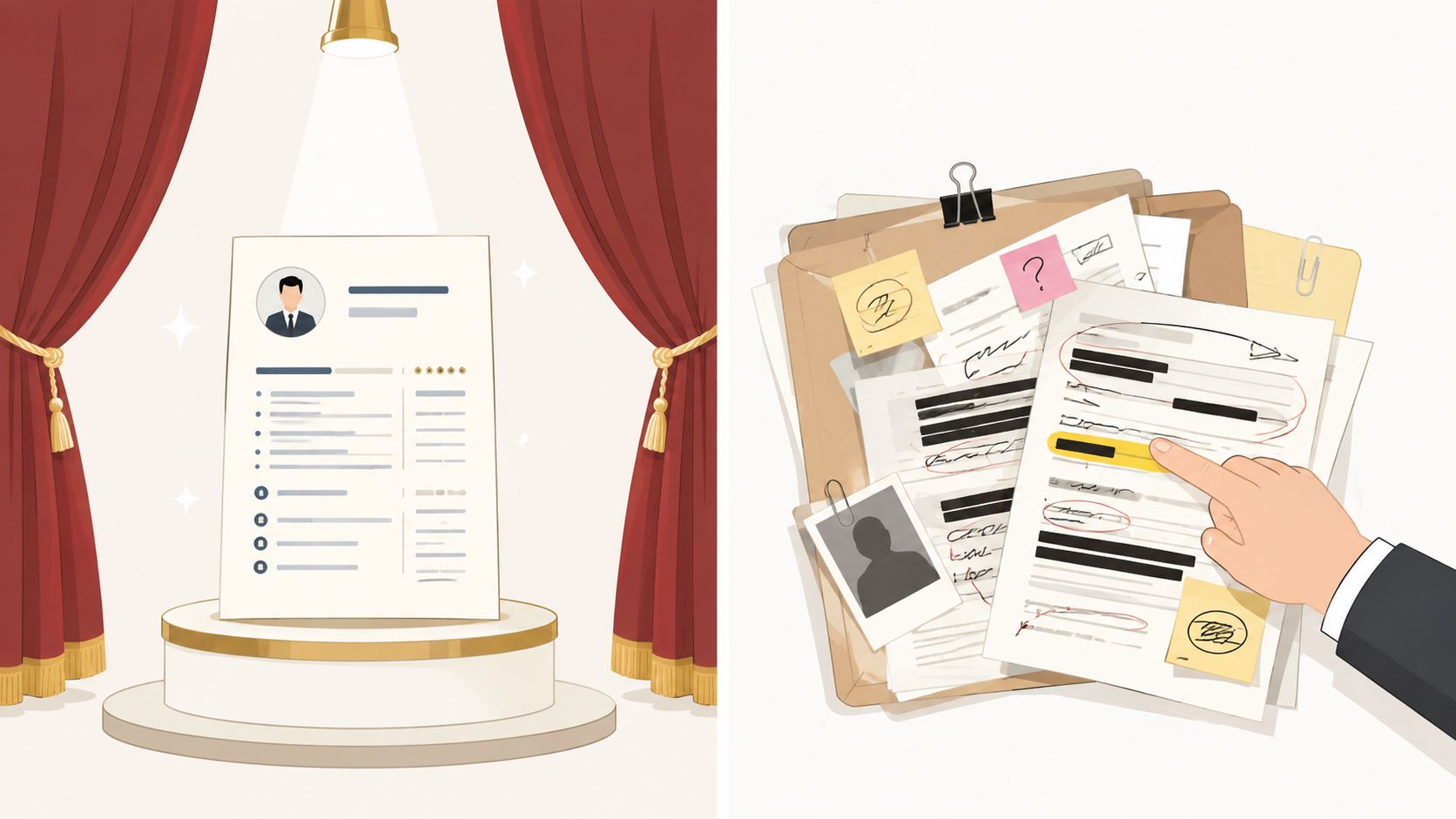 A split image showing a polished resume on a stage versus a cluttered file being reviewed by hand.
