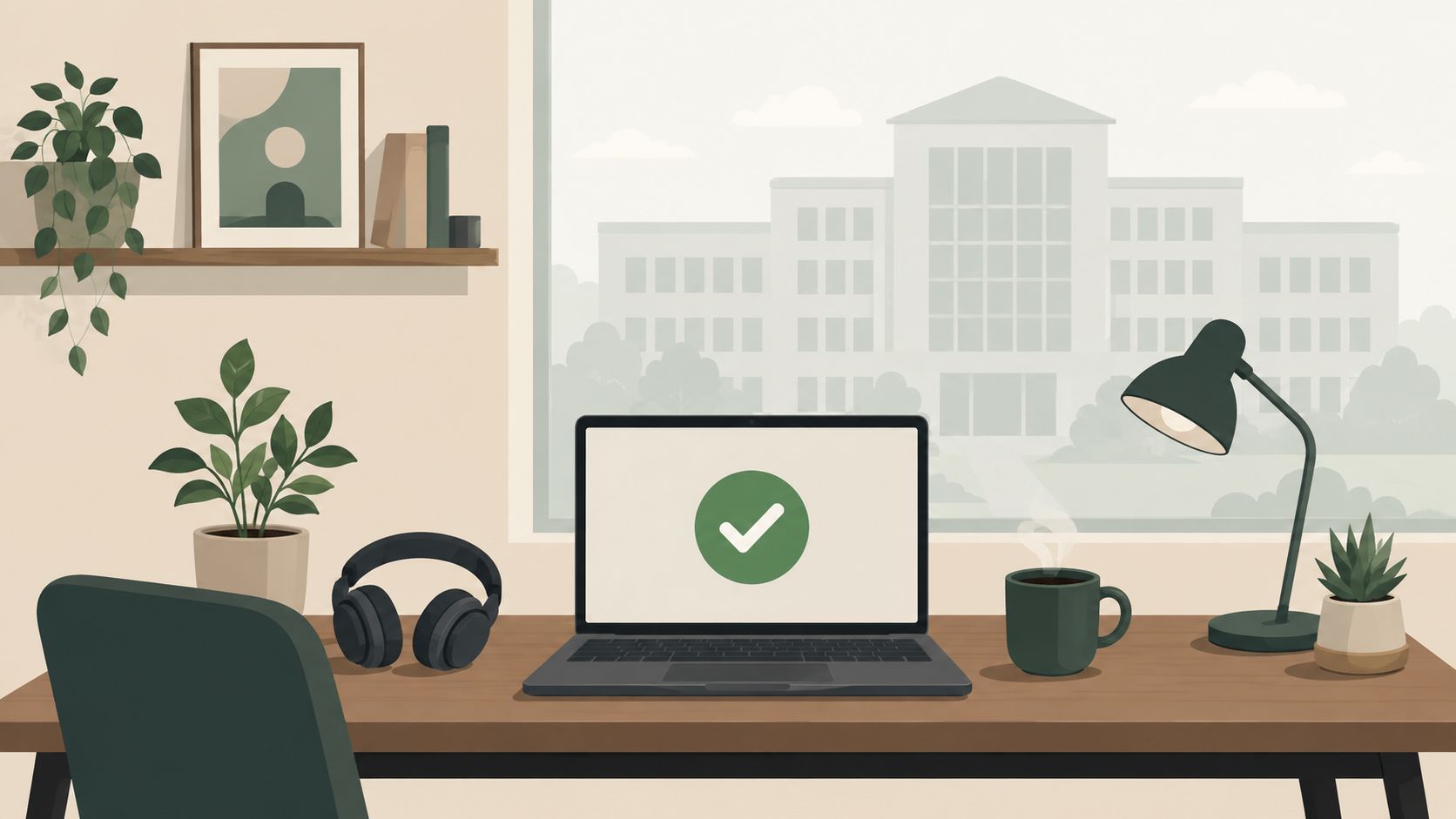 A modern desk workspace with a laptop displaying a green checkmark, house plants, and a window view.