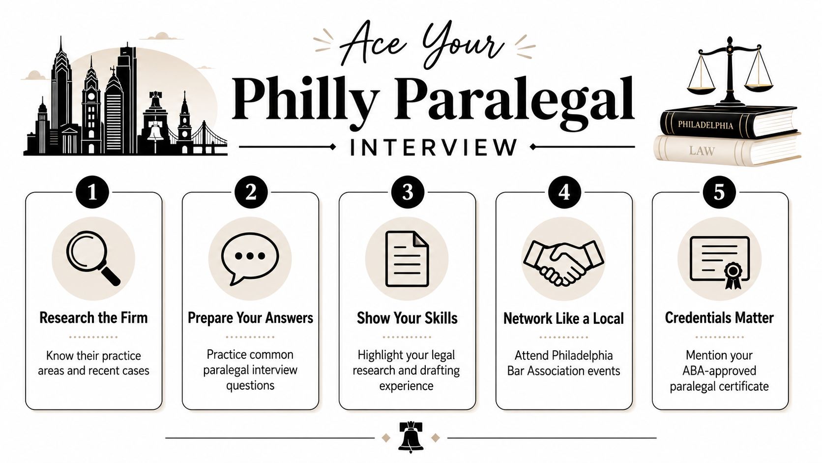 An infographic titled Ace Your Philly Paralegal Interview showing five numbered tips for job candidates in Philadelphia.