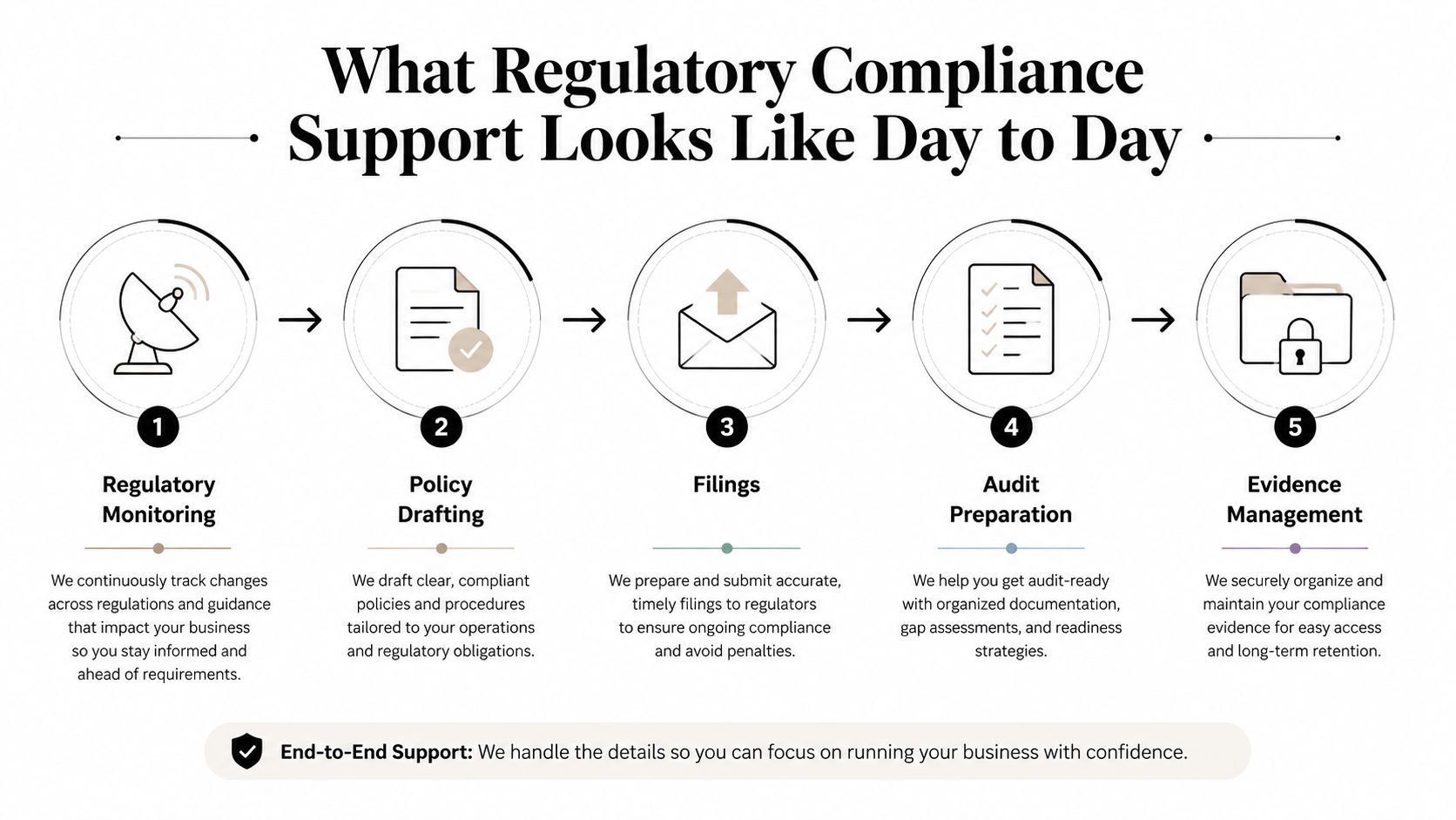 A five-step infographic illustrating a day-to-day regulatory compliance support process for businesses.
