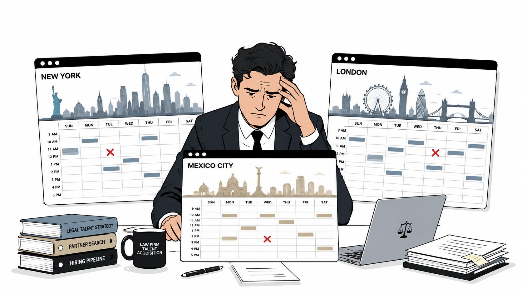 A stressed professional managing complex international scheduling across multiple time zones like New York, London, and Mexico City.