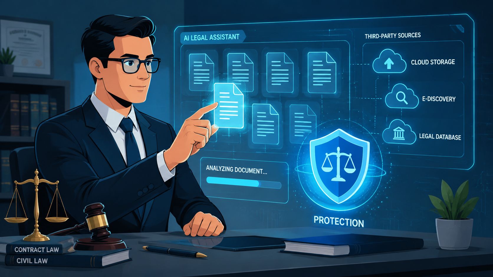 A professional lawyer using a digital AI assistant interface to analyze legal documents for data protection.