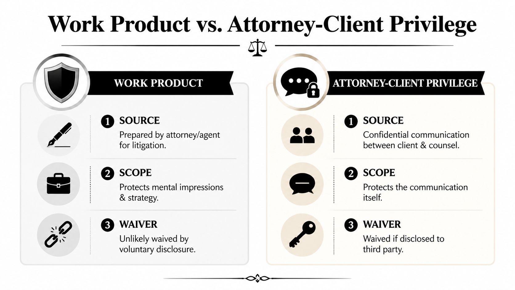 A comparison chart outlining key differences between legal work product doctrine and attorney-client privilege concepts.