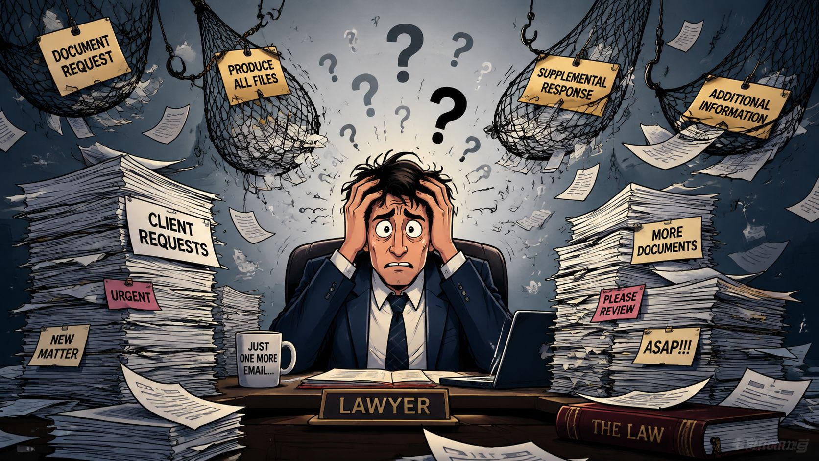 An overwhelmed lawyer sitting at a desk buried under massive piles of legal documents and paperwork.