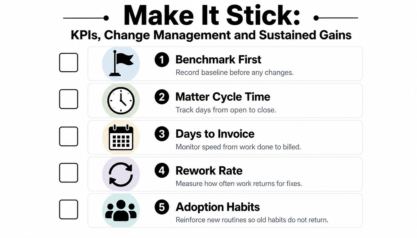 A checklist infographic titled Make It Stick detailing five key performance indicators for legal process improvement.