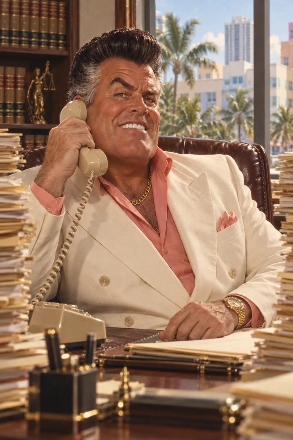 Tony Claims, our fictional personal injury lawyer, juggling calls at his paperwork-covered desk
