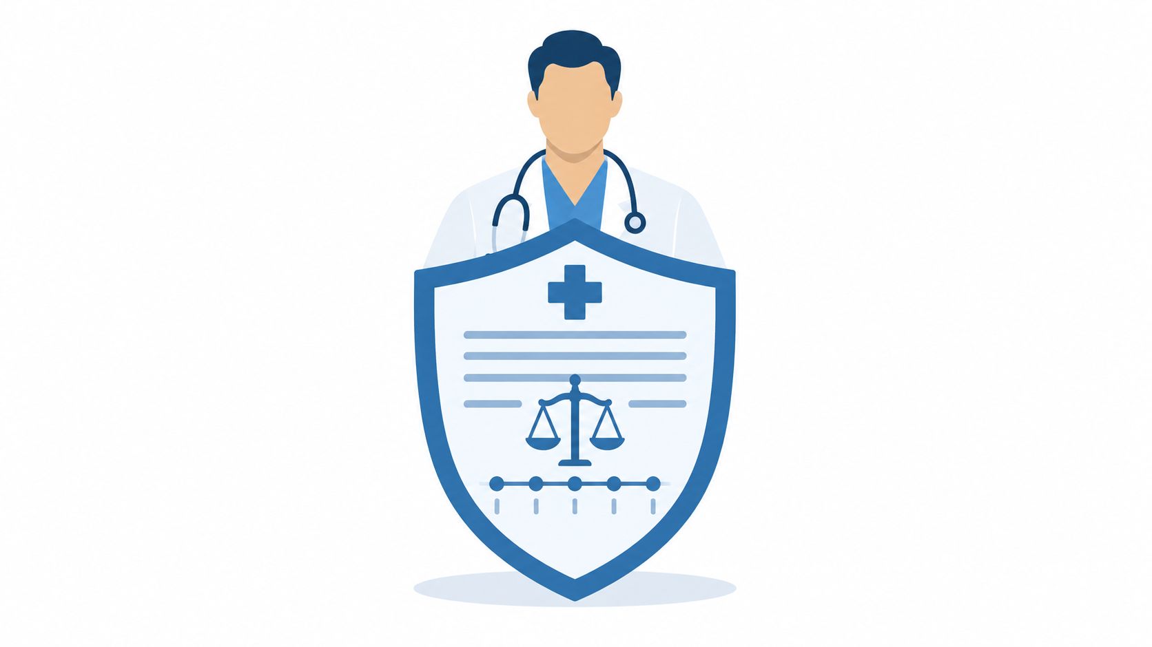 A professional doctor standing behind a large blue shield icon representing medical law and legal protection.
