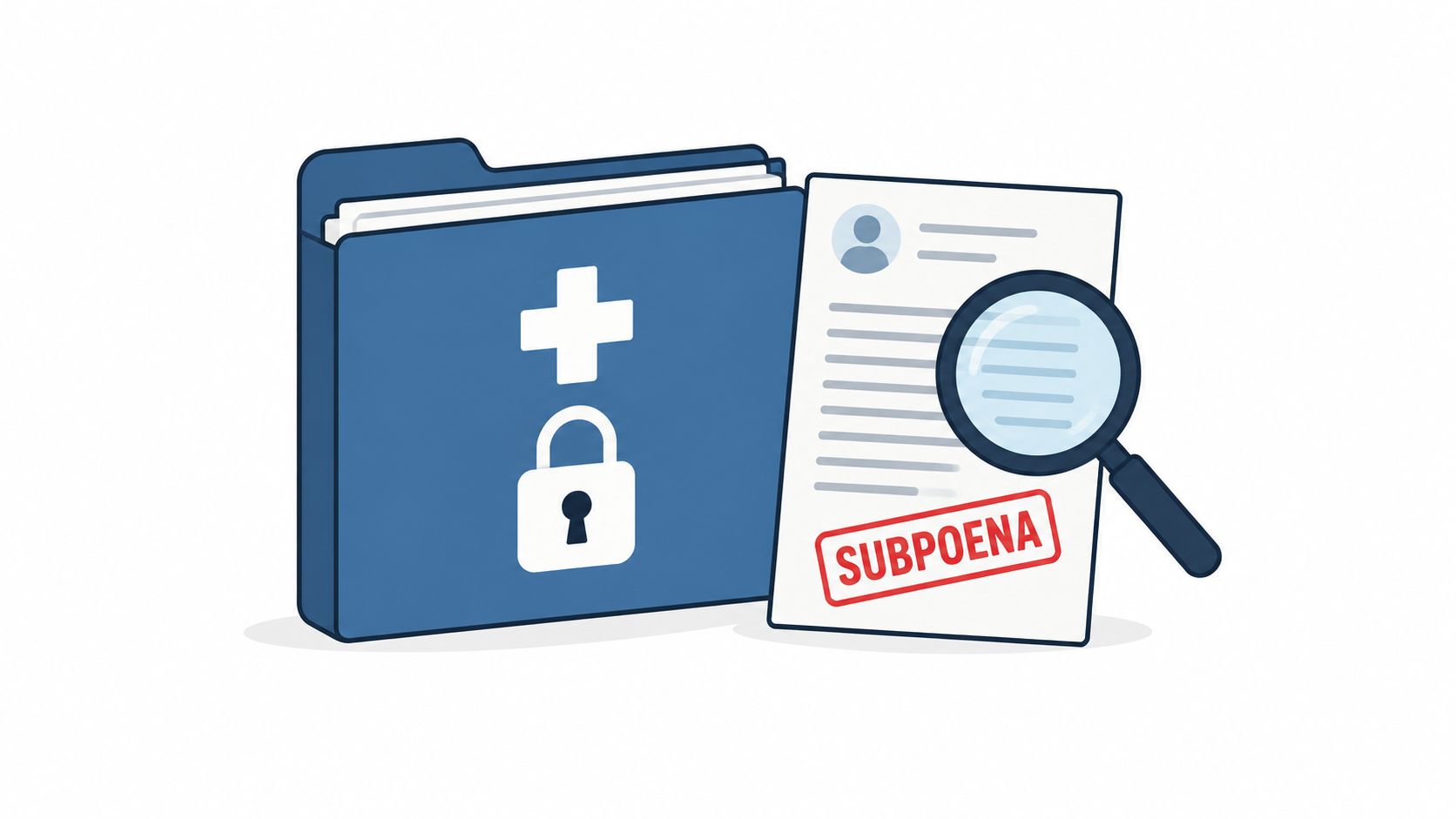 A medical folder with a padlock icon next to a subpoena document being examined by a magnifying glass.