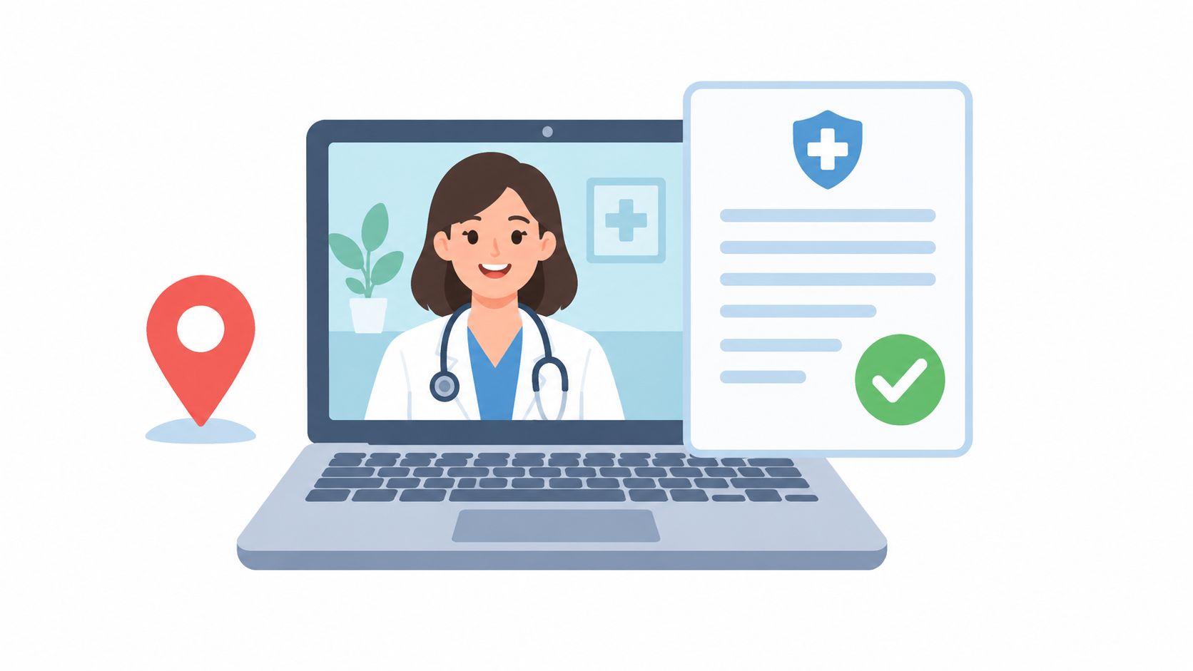 A digital illustration showing a female doctor on a laptop screen with a medical report and location pin.